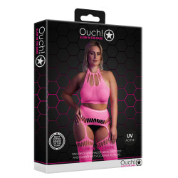Ouch! Glow Ensemble Bustier Dos nu et Porte-Jarretelles 2 Pièces Rose Fluo